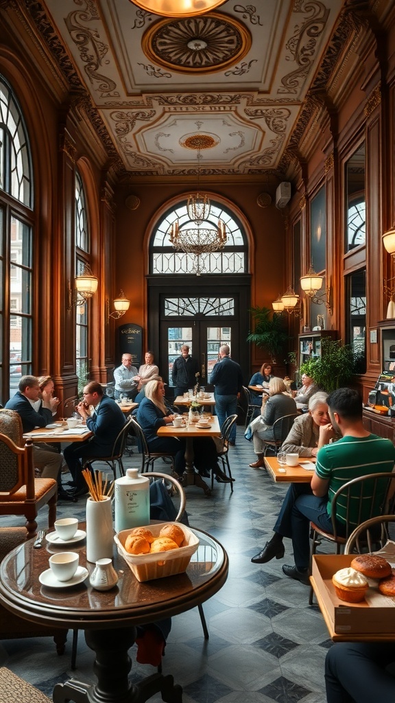 Interior of New York Café in Budapest with elegant decor and people enjoying coffee