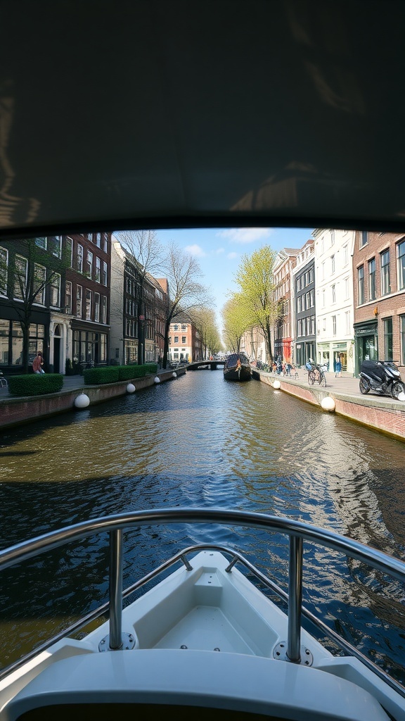 View from a boat on an Amsterdam canal, showcasing buildings and trees along the waterway.