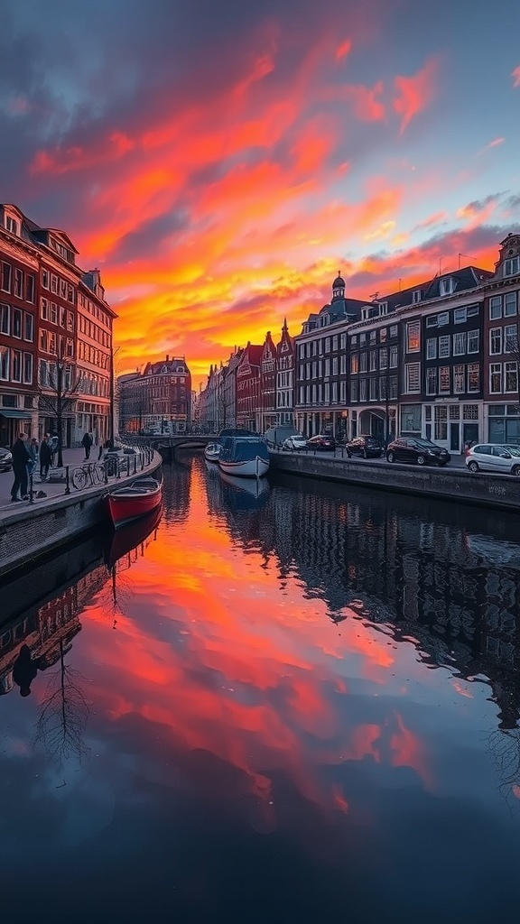 A beautiful sunset over Amsterdam's canals, with vibrant colors reflecting on the water.