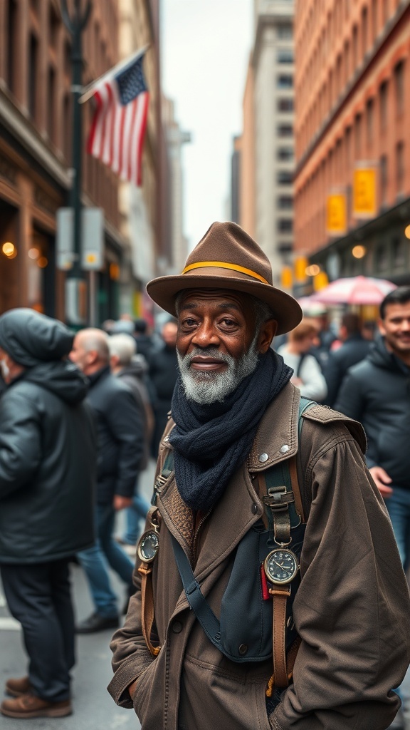 Candid street portrait of a gentleman in a hat and scarf, smiling in a busy New York street.