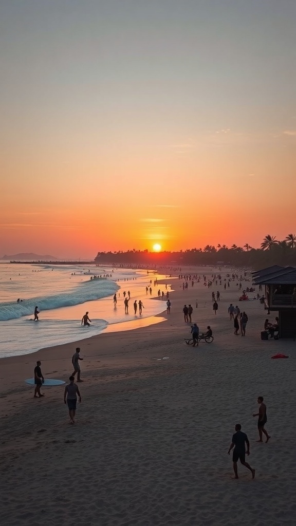 A beautiful sunset at Canggu beach with people walking along the shore and surfers in the water.