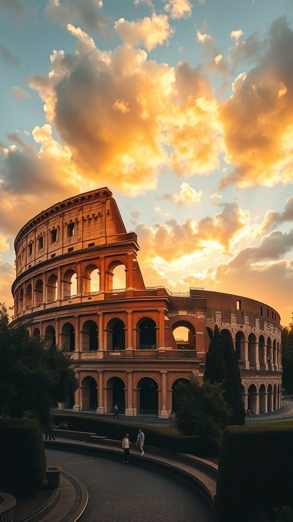 The Colosseum in Rome at sunset with colorful clouds in the sky.