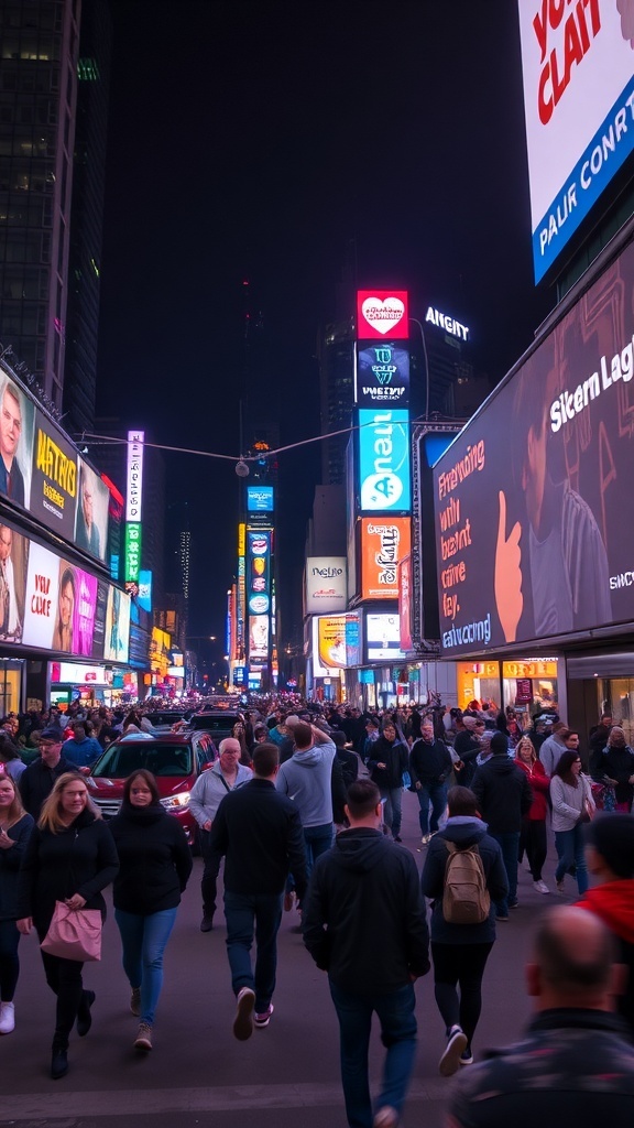 A busy Times Square at night filled with people and bright neon lights