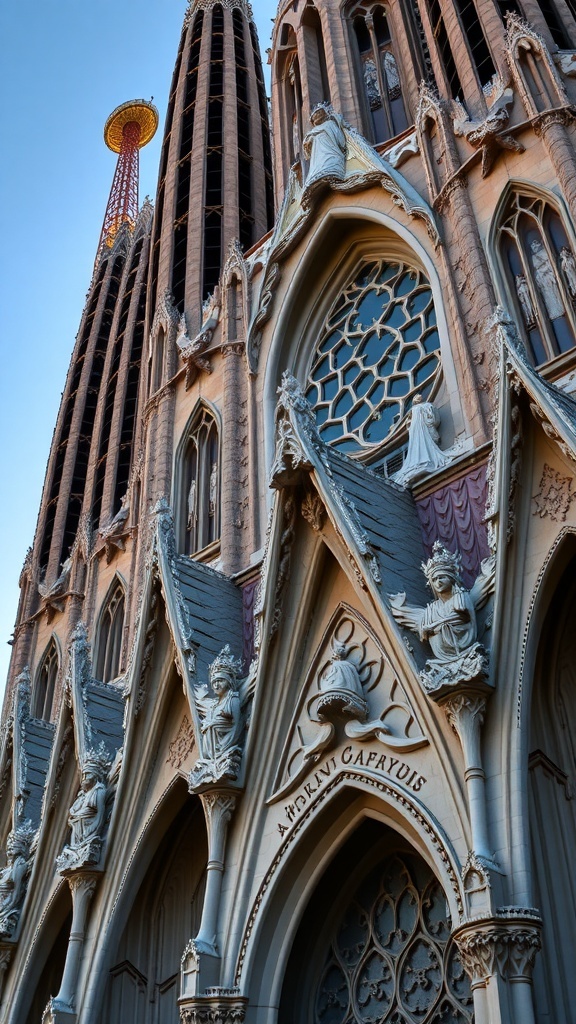 Detailed view of the Sagrada Familia's façade with intricate sculptures and spires.