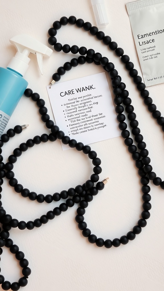 An arrangement of black beaded jewelry with care products and instructions.