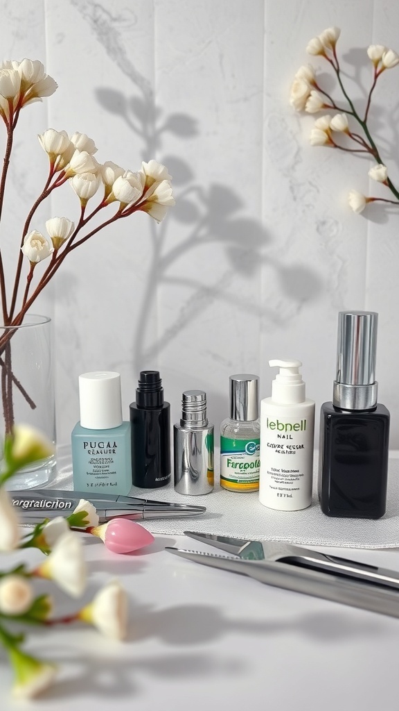A collection of nail care products including cleansers, moisturizers, and tools for maintaining white chrome nails.