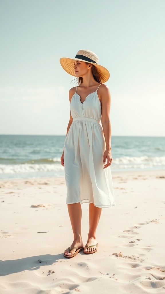 A woman in a white sundress and straw hat standing on the beach