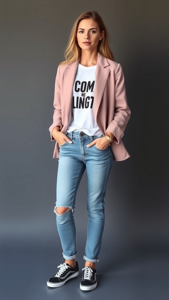 A woman wearing a pink blazer over a graphic tee, paired with light blue ripped jeans and black sneakers.