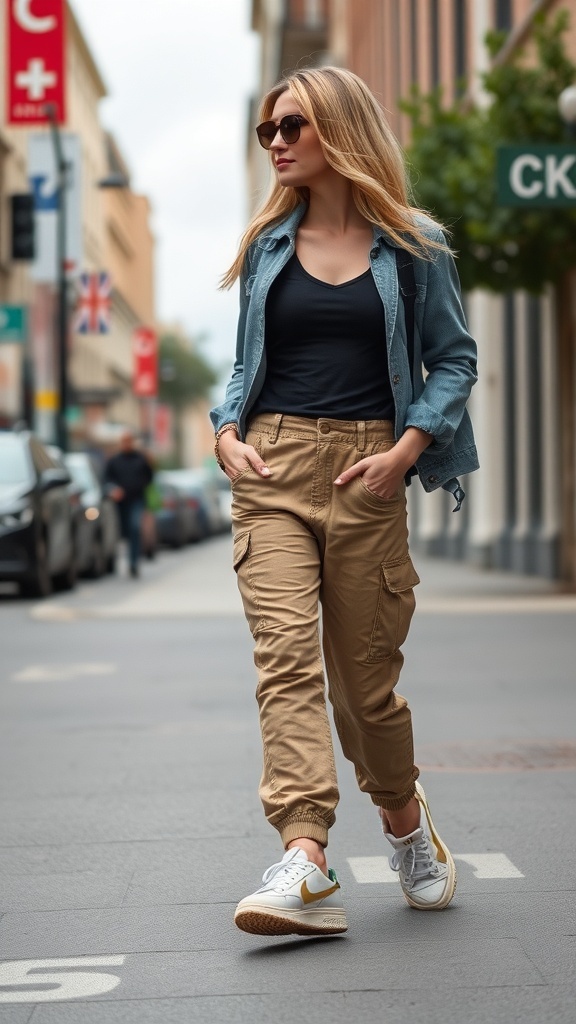 A woman walking in casual khaki cargo pants, a black tank top, and a denim jacket, paired with trendy sneakers.