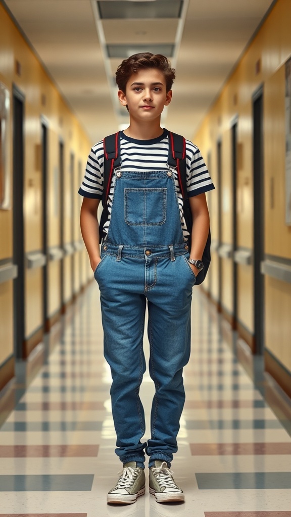A young student wearing denim overalls and a striped t-shirt, standing in a school hallway.
