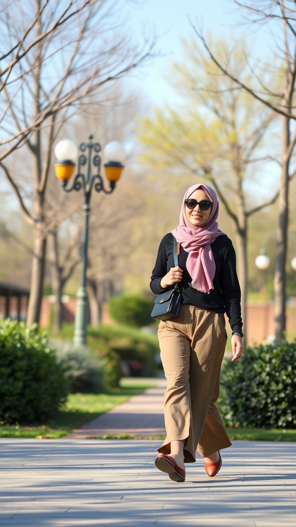 Woman wearing a pink hijab, black sweater, and beige pants walking in a park
