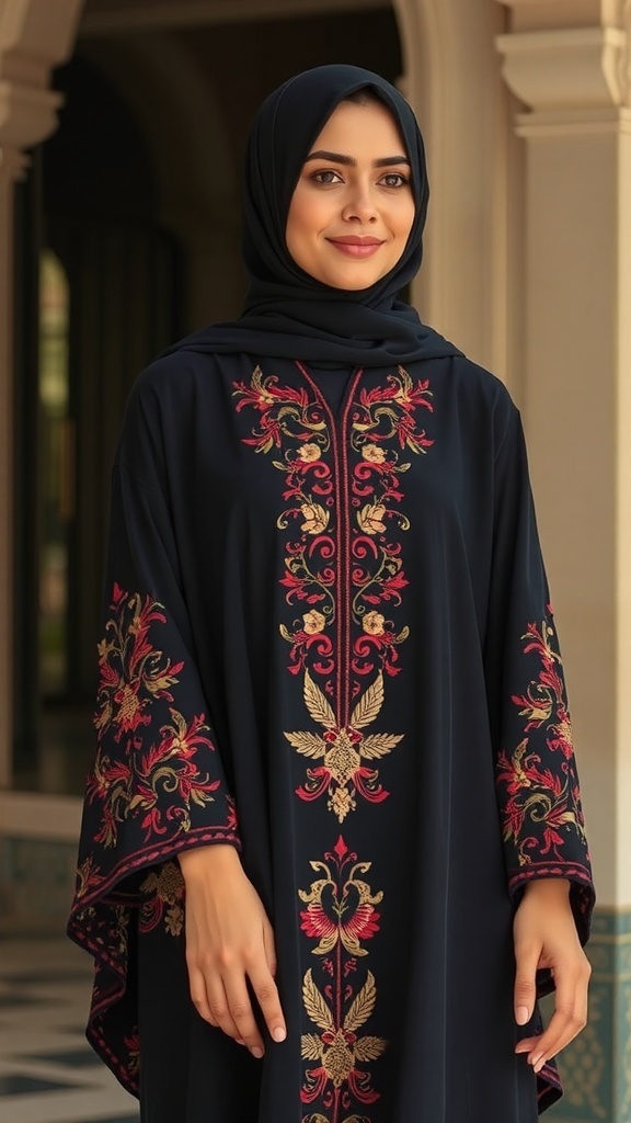 A casual embroidered abaya displayed on a mannequin, featuring floral designs in warm colors.