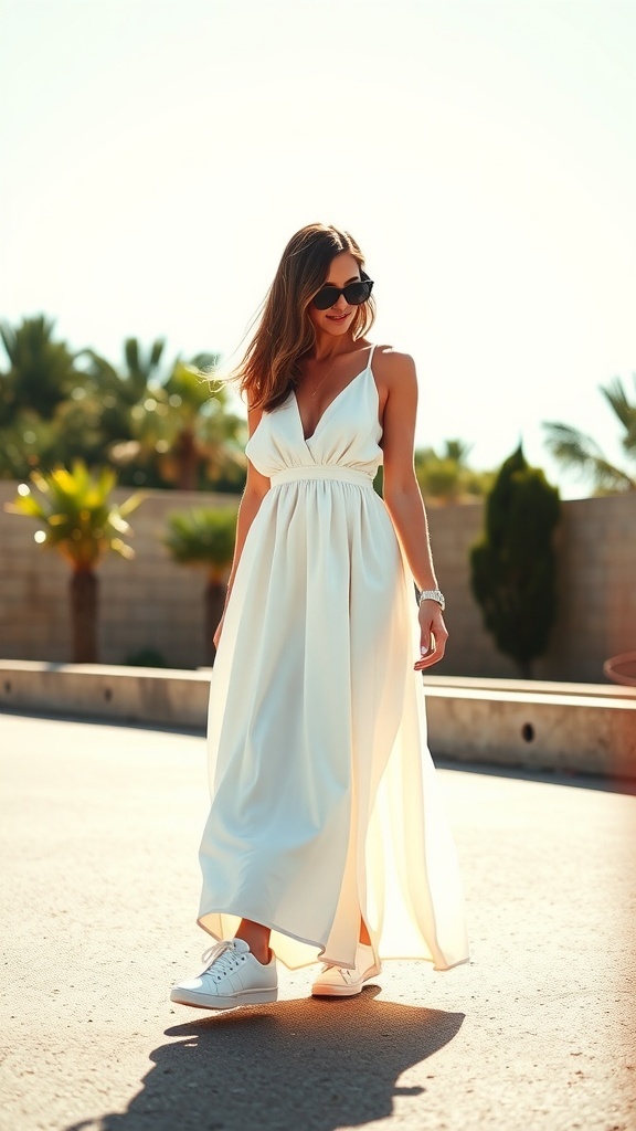 A woman in a white maxi dress and white sneakers walking outdoors.