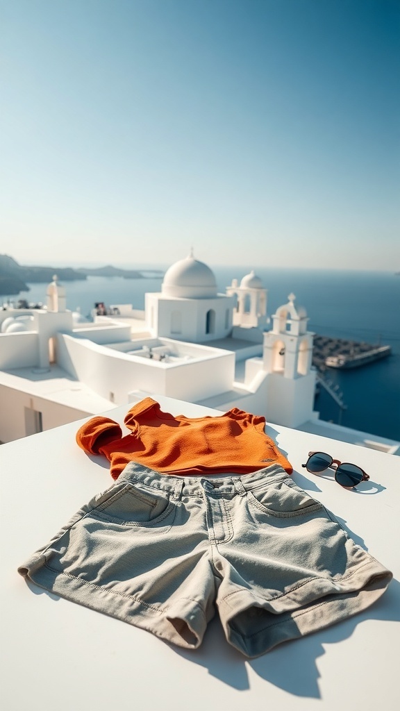 Casual outfit laid out on a table with Santorini's iconic buildings in the background