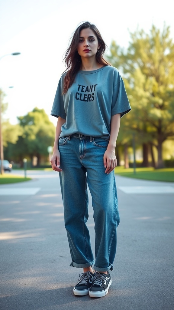 A woman wearing a loose blue t-shirt and baggy jeans, standing outdoors in a casual pose.