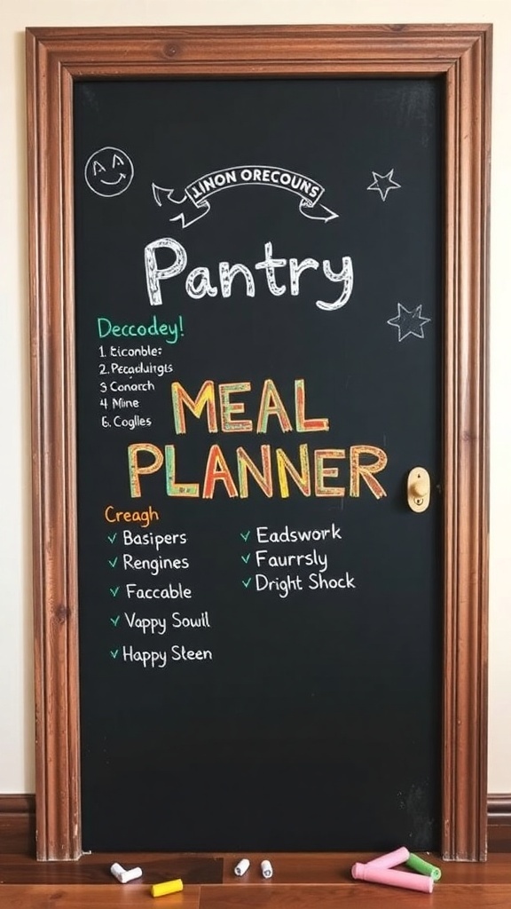 Chalkboard meal planner on a pantry door with colorful writing and checkboxes.