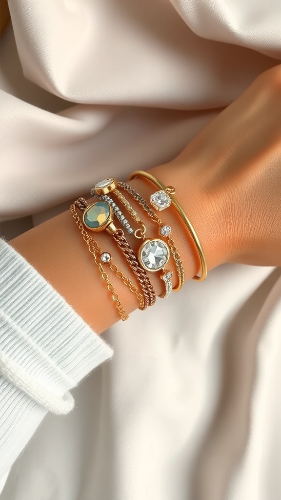A hand adorned with a variety of stacked bracelets in gold and silver tones.