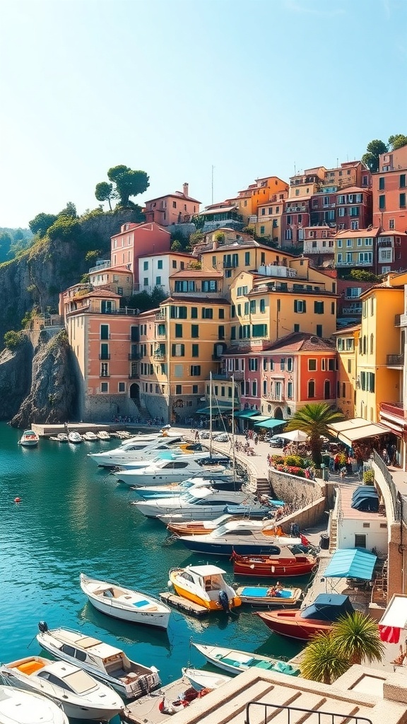 A scenic view of Portofino, Italy, showcasing colorful buildings along the coast and boats in the marina.
