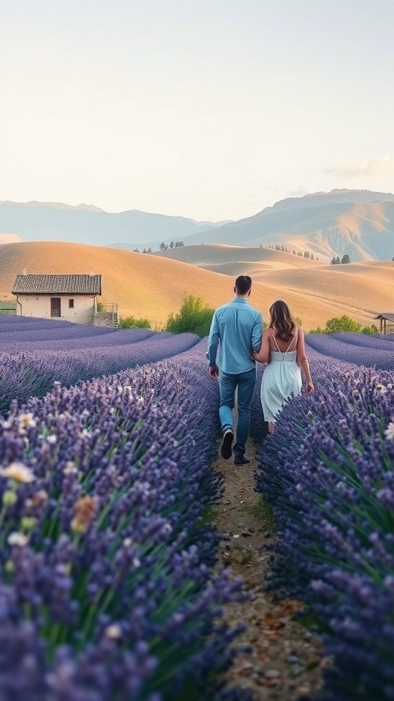 A couple walking through lavender fields in Provence