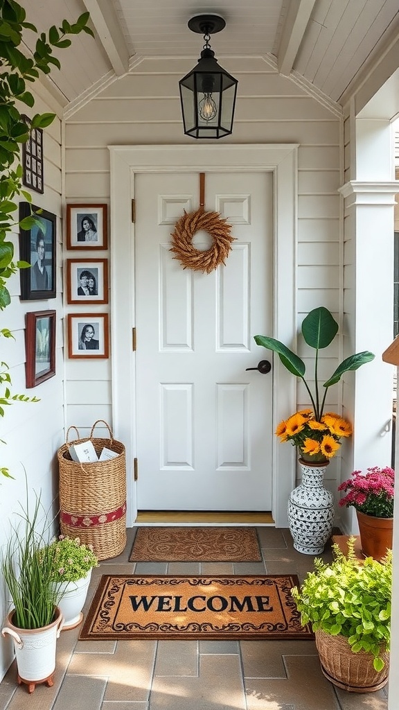Charming entryway of a cottage with a welcome mat, framed photos, plants, and a wreath on the door.