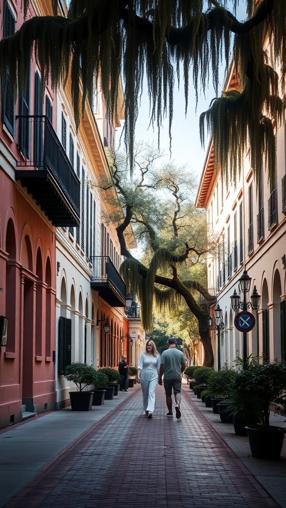 Couple walking hand in hand down a charming street in Savannah, surrounded by historic buildings and moss-draped trees.