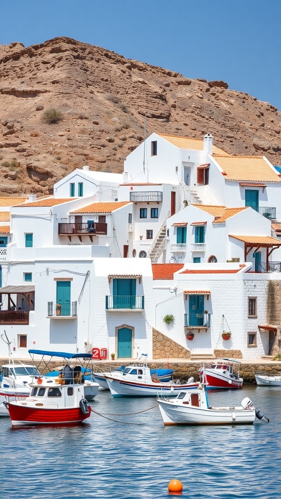 A picturesque fishing village in Milos, Greece, featuring white buildings and colorful boats in the harbor.