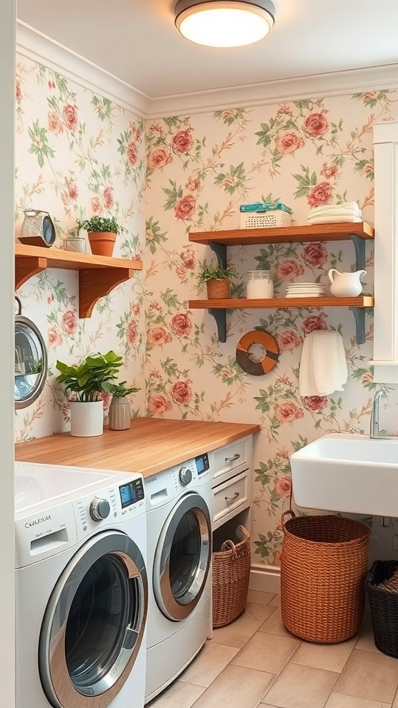 A laundry room with floral wallpaper, wooden shelves, and potted plants.