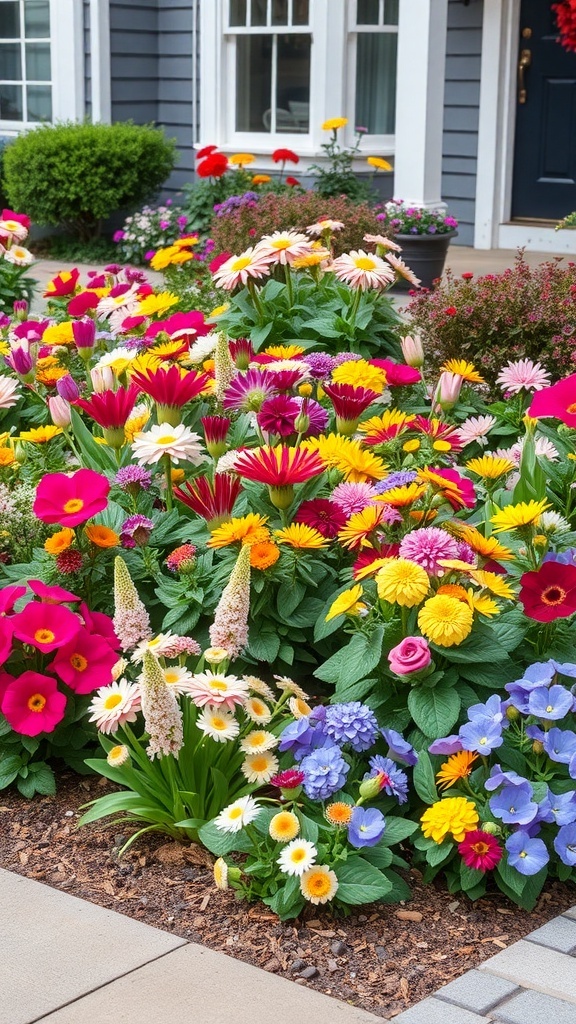 A vibrant flower bed filled with various seasonal blooms in bright colors.