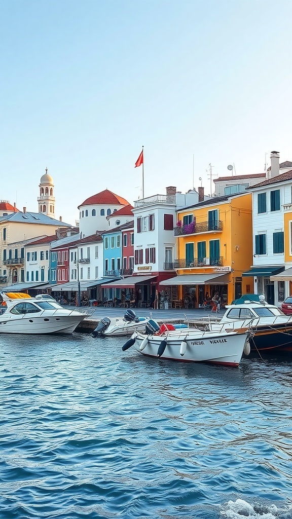 Colorful buildings along the waterfront of Little Venice in Mykonos, with boats in the water.