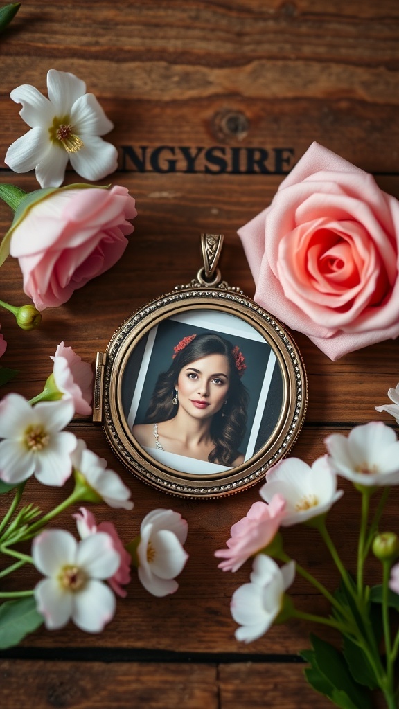 A charming locket with a photo inside, surrounded by pink and white flowers on a wooden surface.