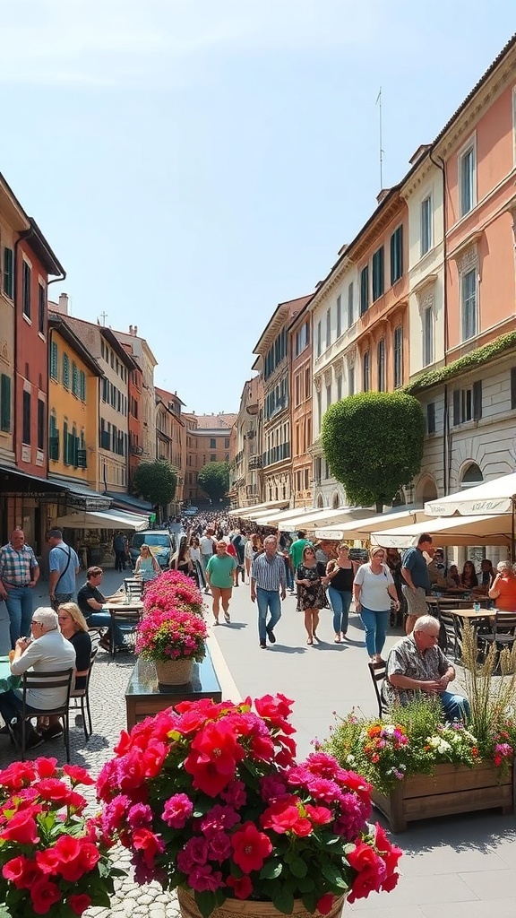 A lively piazza in Italy filled with people enjoying the summer sun and vibrant flowers.