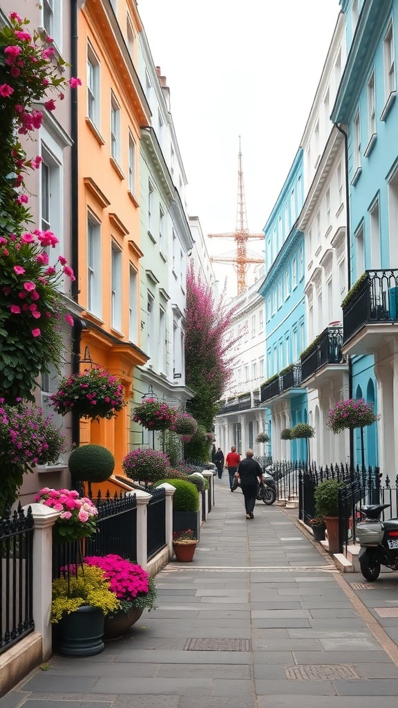 Colorful street in Notting Hill with flowers and people walking