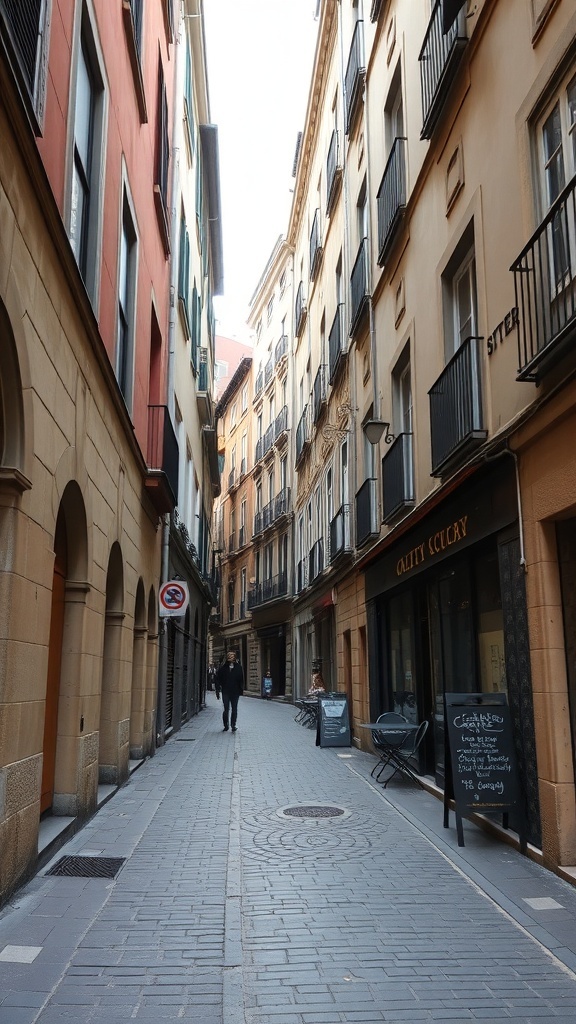 Narrow street in the Gothic Quarter of Barcelona with colorful buildings and a few people walking.