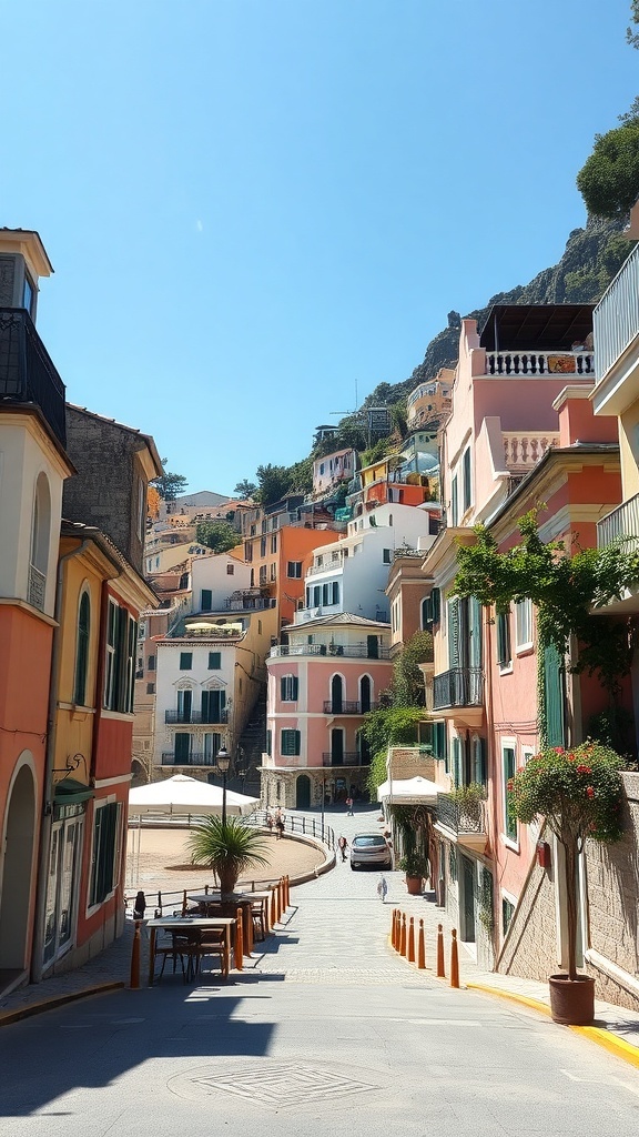 A colorful street in Positano with pastel buildings and a clear blue sky.