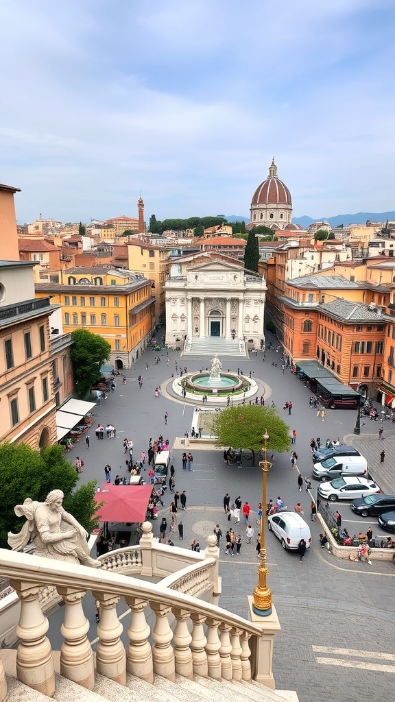 View from the Spanish Steps overlooking a busy square with a fountain and colorful buildings in Rome.