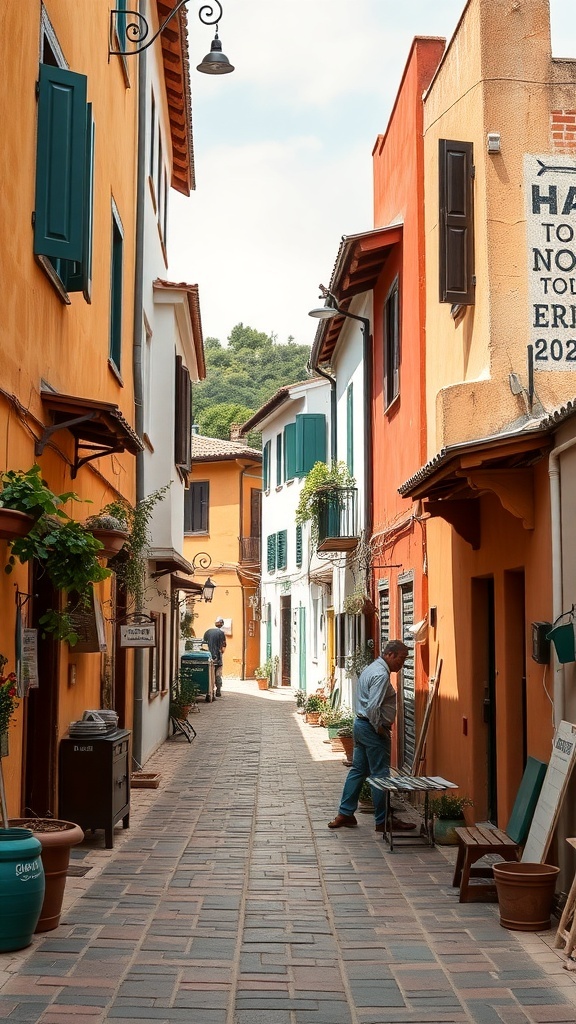 A narrow street in a colorful village in Samos, Greece, with a local man working.