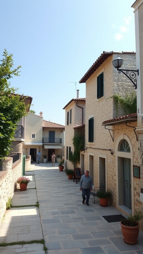 A charming alleyway in a village in Corfu, Greece, with stone buildings and flower pots.