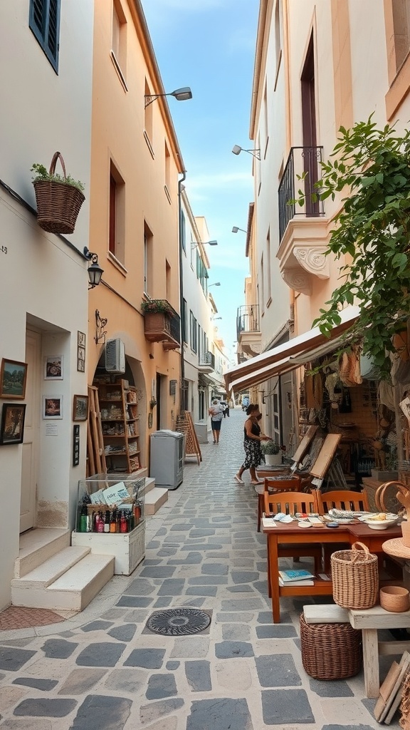 A charming street in Ibiza with shops and outdoor seating