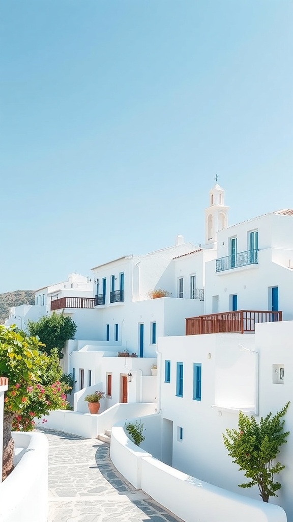 Whitewashed buildings with blue doors and windows in Mykonos, Greece