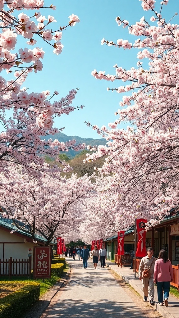 A scenic view of cherry blossom trees lining a pathway with people walking under the blossoms.