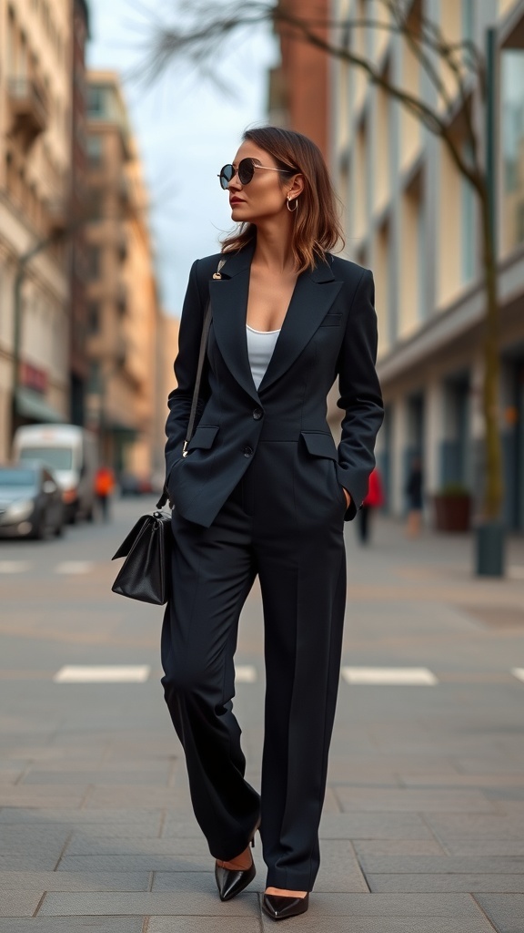 A woman wearing a chic black blazer and high-waisted trousers, accessorized with sunglasses and a handbag, walking confidently on a city street.