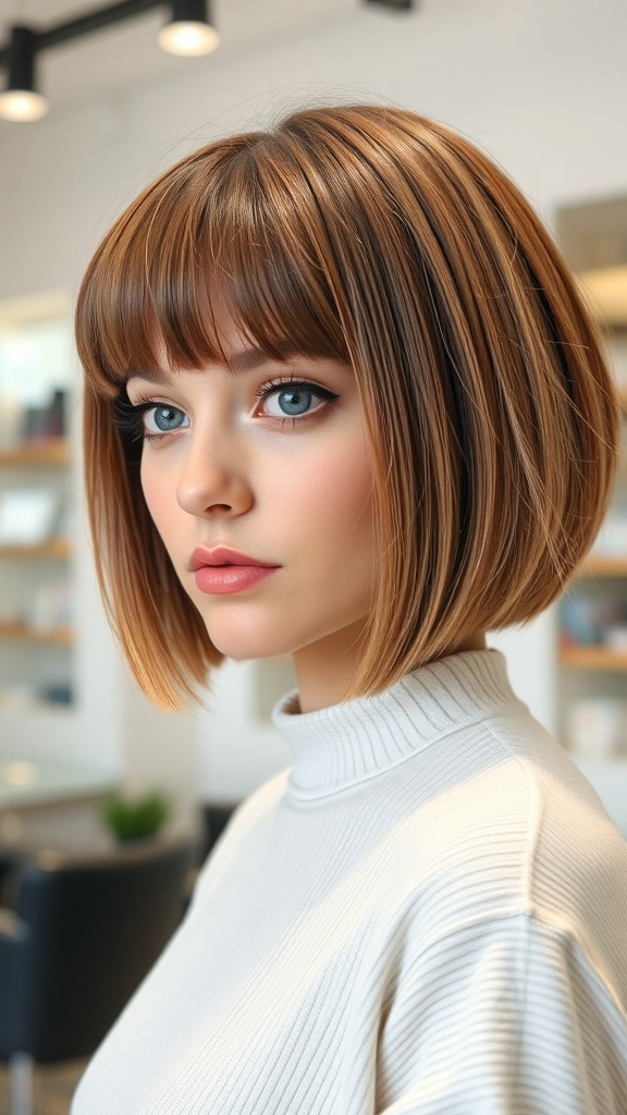 A woman with a chic bob hairstyle and blunt bangs, showcasing a modern and stylish look.