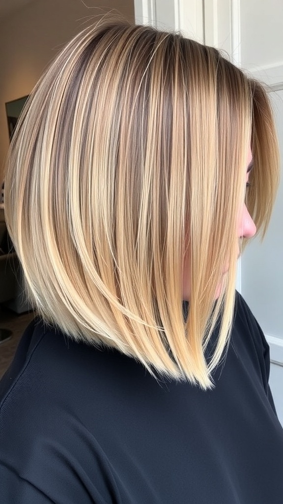 Chic bob haircut with subtle layers and warm blonde tones