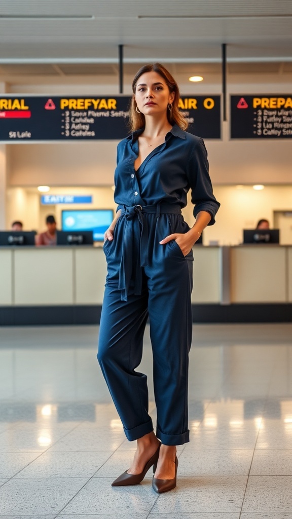 A woman wearing a navy jumpsuit at the airport, showcasing a stylish and comfortable travel outfit.