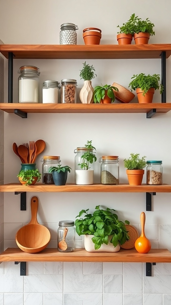 Chic kitchen herb garden on floating shelves with various herbs in pots and jars