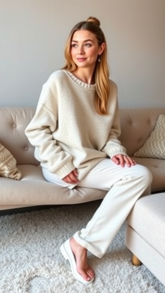 A woman in a chic loungewear set, sitting on a couch, wearing a cozy oversized sweater and tailored pants.