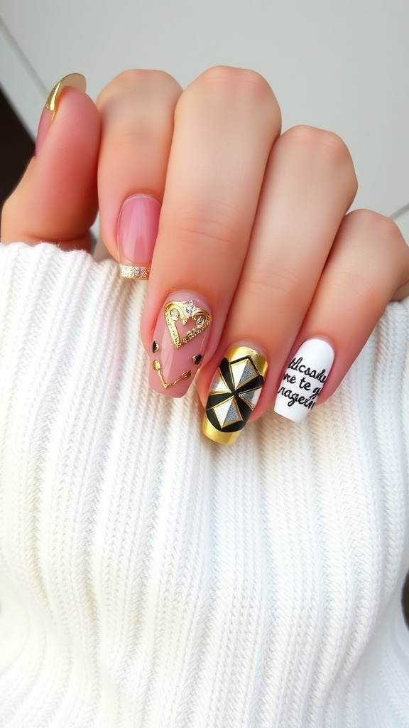 Nail design featuring metallic accents with pink and gold colors, including heart shapes and geometric patterns.