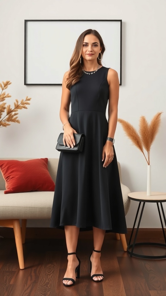 A woman in a black midi dress with a fitted bodice and flowing skirt, accessorized with a clutch and heels, standing in a stylish indoor setting.