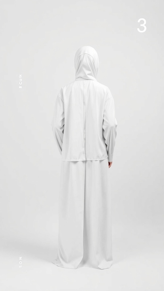 A woman wearing a white abaya with a hood, showcasing a minimalist design.