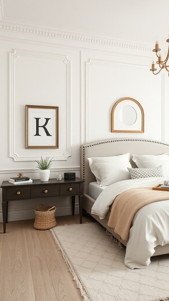 A chic bedroom with neutral colors, featuring a stylish bed, elegant wall details, and minimalist decor.